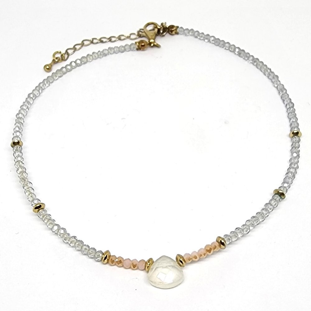 Light Blue and Pale Pink Faceted Crystal Bead Choker Gold Bead Choker Necklace